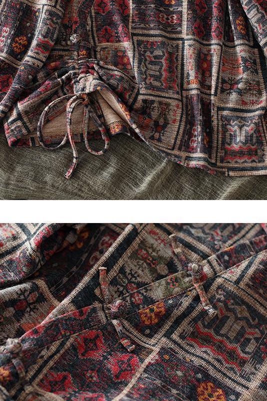 Retro Drawstring Print Cotton Blouse