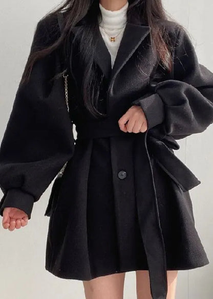 Style Black Peter Pan Collar Tie Waist Woolen Coat Lantern Sleeve