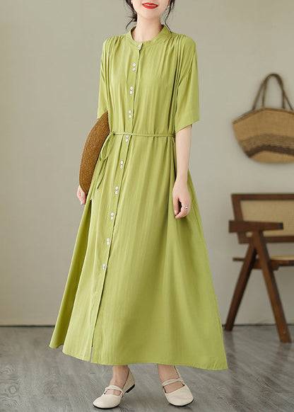 Green O-neck Button Maxi Dresses Summer