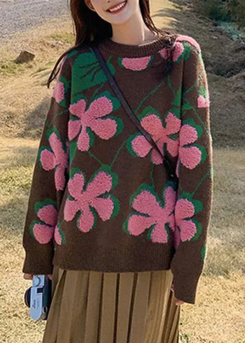 Loose Pink O Neck Thick Knit Sweater Spring