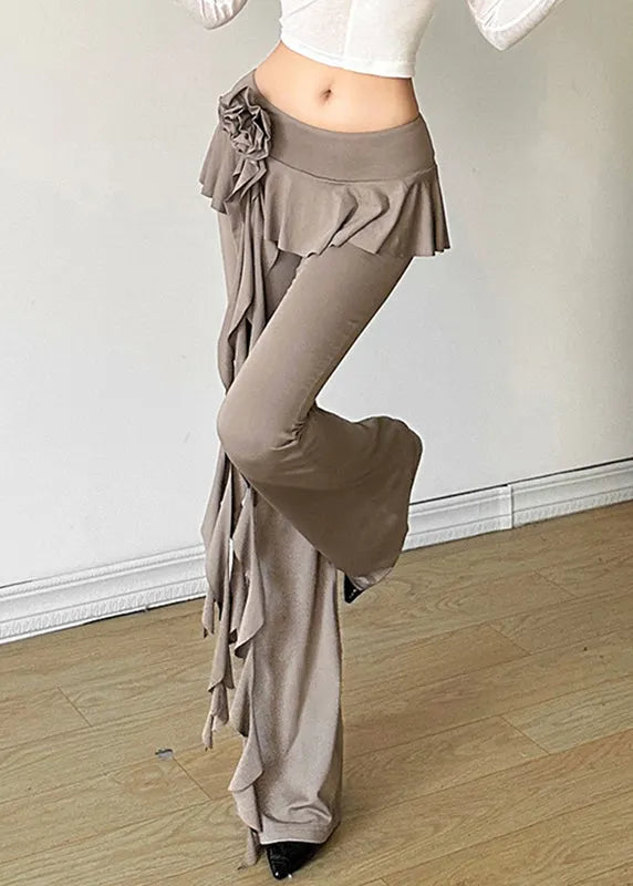 Khaki Ruffled Patchwork Tassel Fake Two Pieces Flare Pants Summer