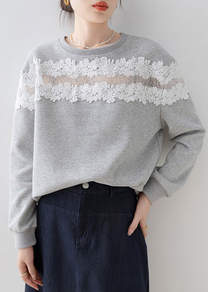 Grey O Neck Lace Patchwork Cotton Sweatshirt Spring