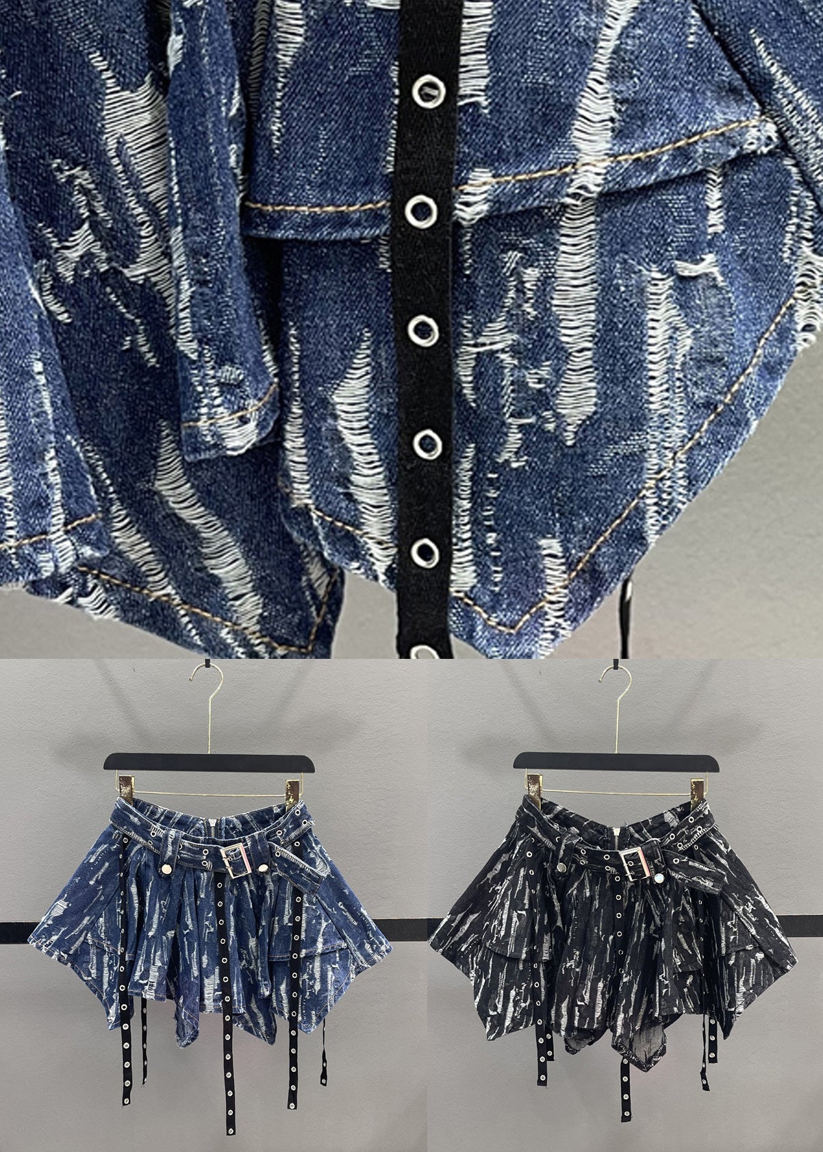 Unique Blue Patchwork Denim a Line Skirt Summer