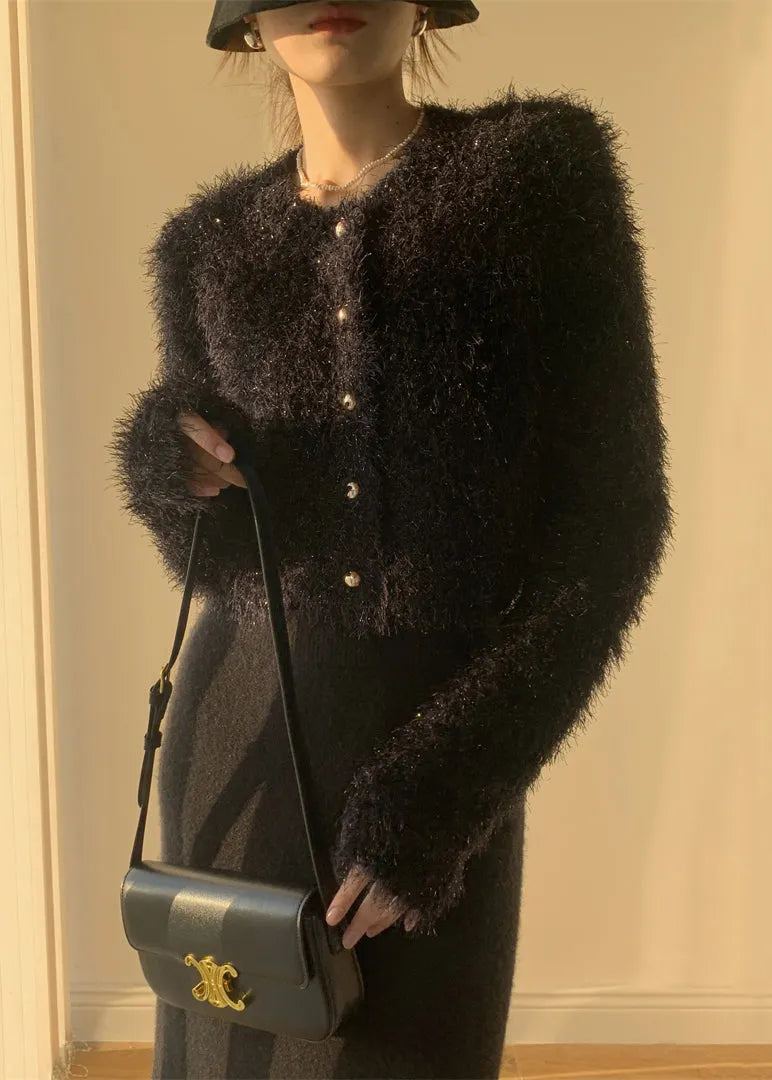 Black Fluffy Knit Cardigan O-neck Winter