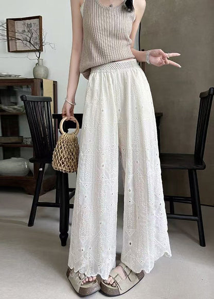 White Embroidered Hollow Out Cotton Pants Summer