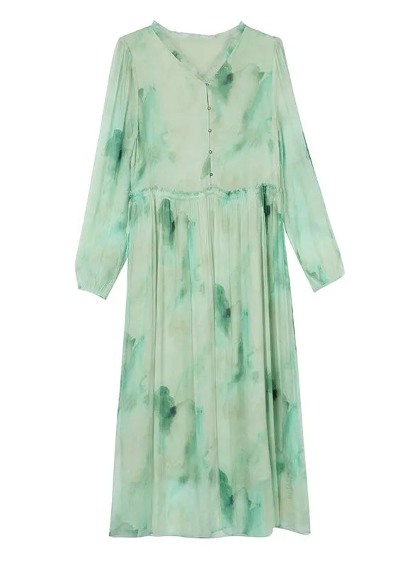 Green Ruffled Print Lace Up Chiffon Dress Summer