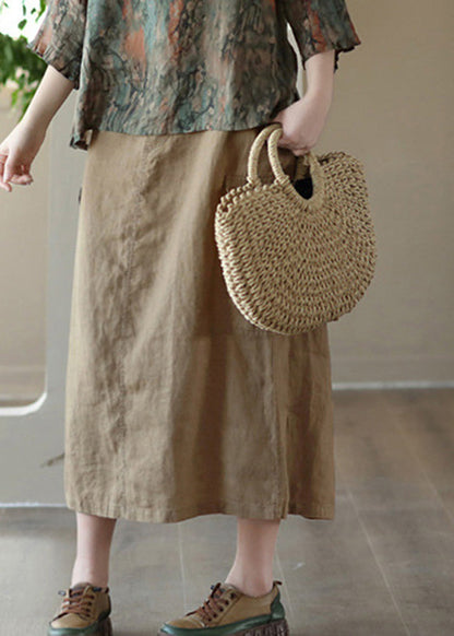 Classy Khaki Patchwork High Waist Linen a Line Skirts Summer