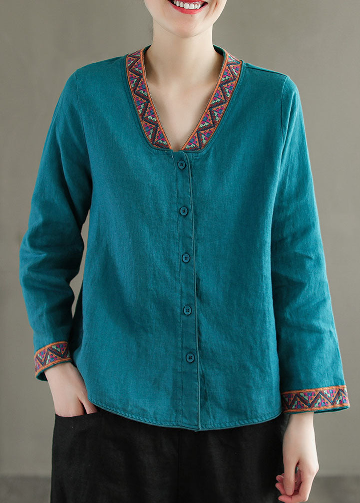 Blue V Neck Embroidered Patchwork Linen Shirts Top Spring