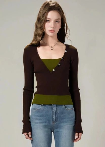 Slim Fit Brown False Two Pieces Patchwork Knit Top Fall