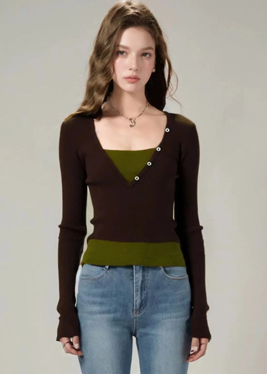 Slim Fit Brown False Two Pieces Patchwork Knit Top Fall