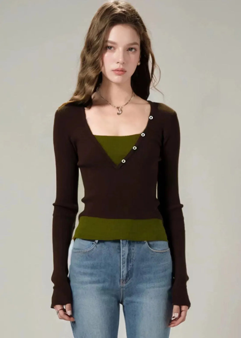 Slim Fit Brown False Two Pieces Patchwork Knit Top Fall