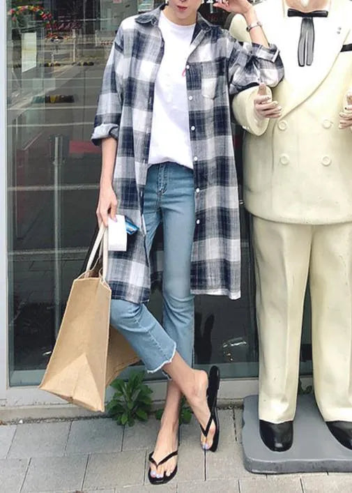 Lapel Pockets Linen Cotton Tops Plaid Baggy Shirt