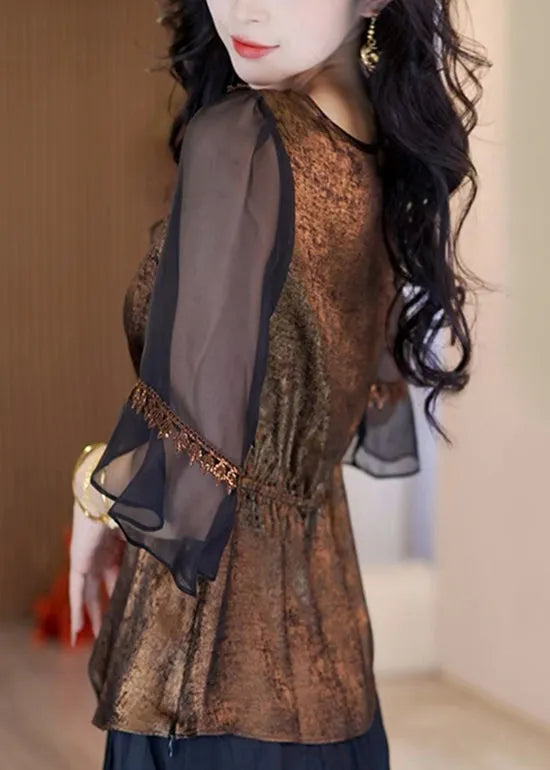 French Style New Coffee Asymmetrical Patchwork Chiffon Top Summer