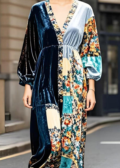 Peacock Blue V Neck Patchwork Print Silk Velvet Ankle Dress Fall