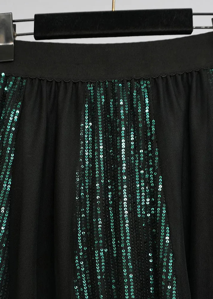 Blackish Green Sequins Patchwork Tulle Skirts Spring