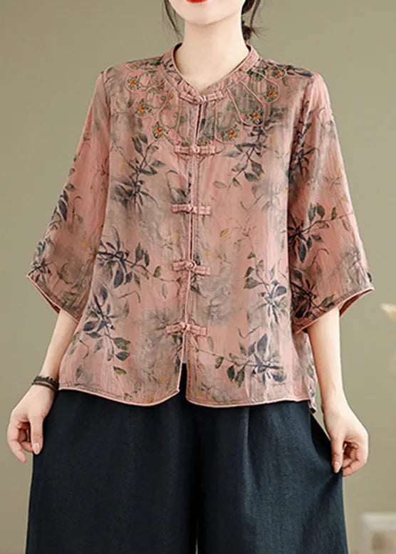 Handmade Pink O-neck Print Embroidered Button Top Half Sleeve