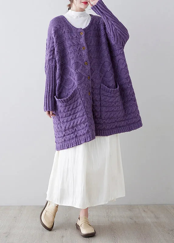 Purple Button Pockets Cotton Knit Cardigan Fall
