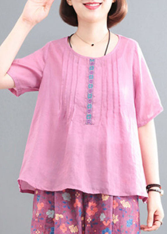 Pink Linen Tops and Pants Two Pieces Set Wrinkled Embroidered Short Sleeve