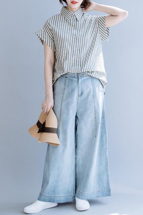 Gray Striped Cotton Linen Blouse Summer Tops