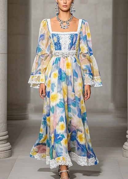 Square Collar Print Chiffon Full Dresses Fall