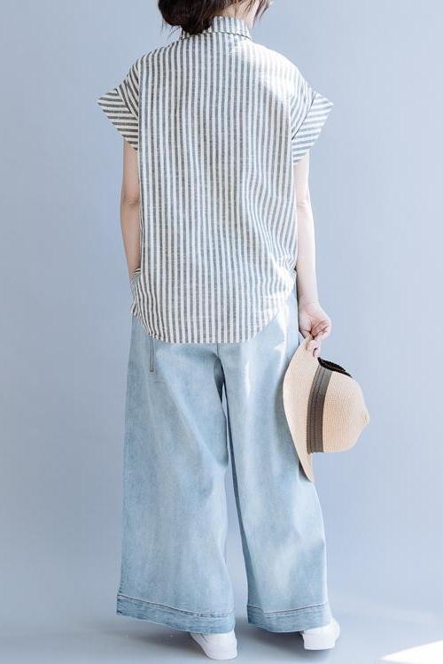 Gray Striped Cotton Linen Blouse Summer Tops