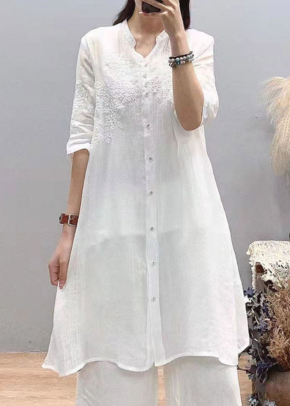 Fitted White Stand Collar Embroidered Linen Long Shirts Three Quarter Sleeve