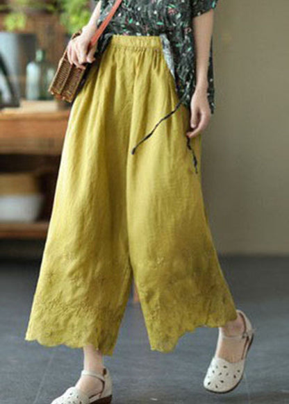Yellow Elastic Waist Embroidered Linen Crop Pants Summer