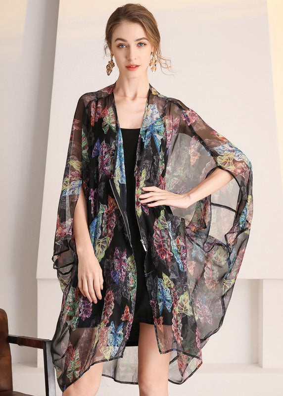 Black Oversized Print Hollow Out Tulle Cardigan Summer