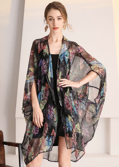Black Oversized Print Hollow Out Tulle Cardigan Summer