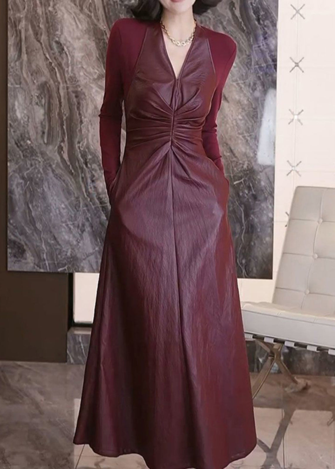 French Black V Neck Wrinkled Holiday Maxi a Line Dress Spring