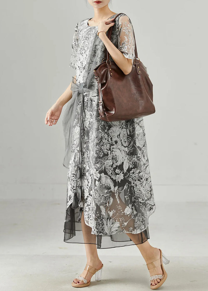 Grey Print Tulle Vacation Dresses Summer
