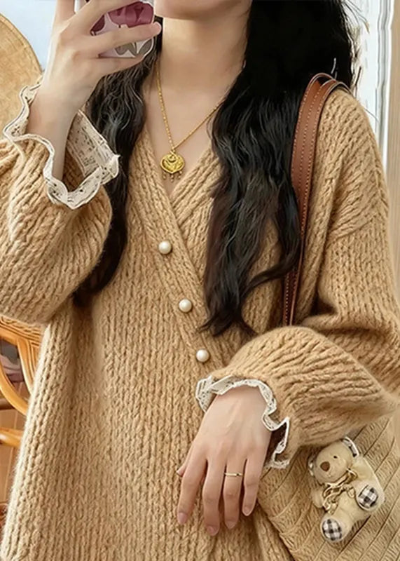 Natural Khaki V Neck Cozy Cotton Knit Cardigan Spring
