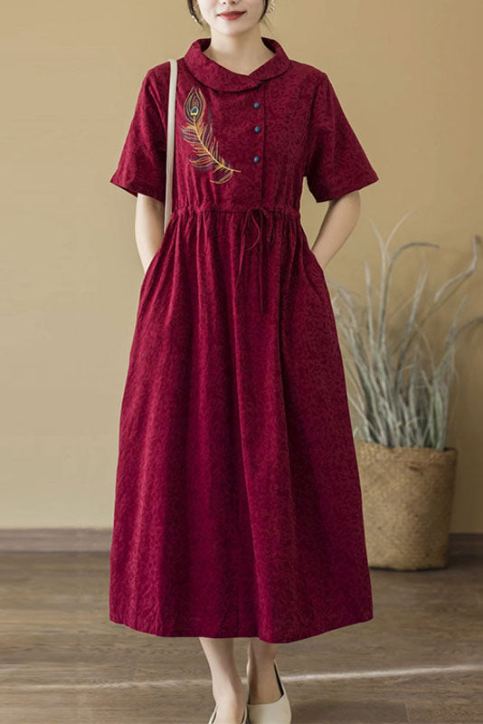New Retro Jacquard Embroidered Dress Short Sleeve Cotton Linen Dress
