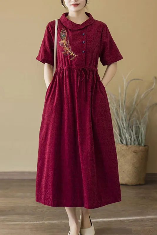 New Retro Jacquard Embroidered Dress Short Sleeve Cotton Linen Dress