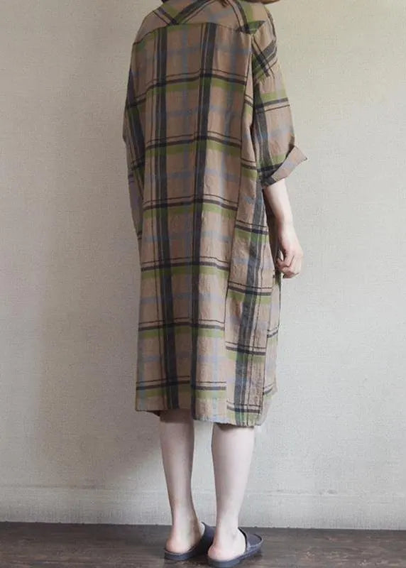 Cotton Tunic Top Plaid Round Neck Cotton Linen Dress