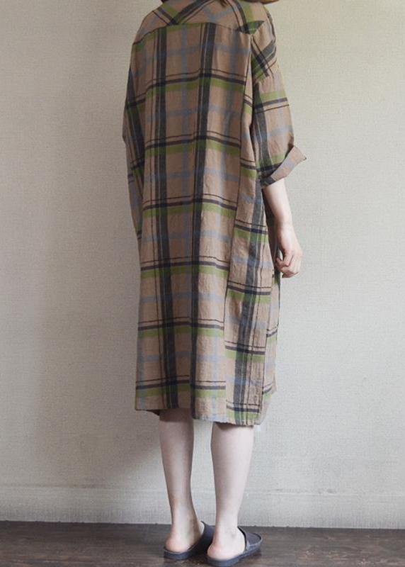 Cotton Tunic Top Plaid Round Neck Cotton Linen Dress