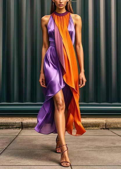 Purple Asymmetrical Patchwork Silk Holiday Dress Summer