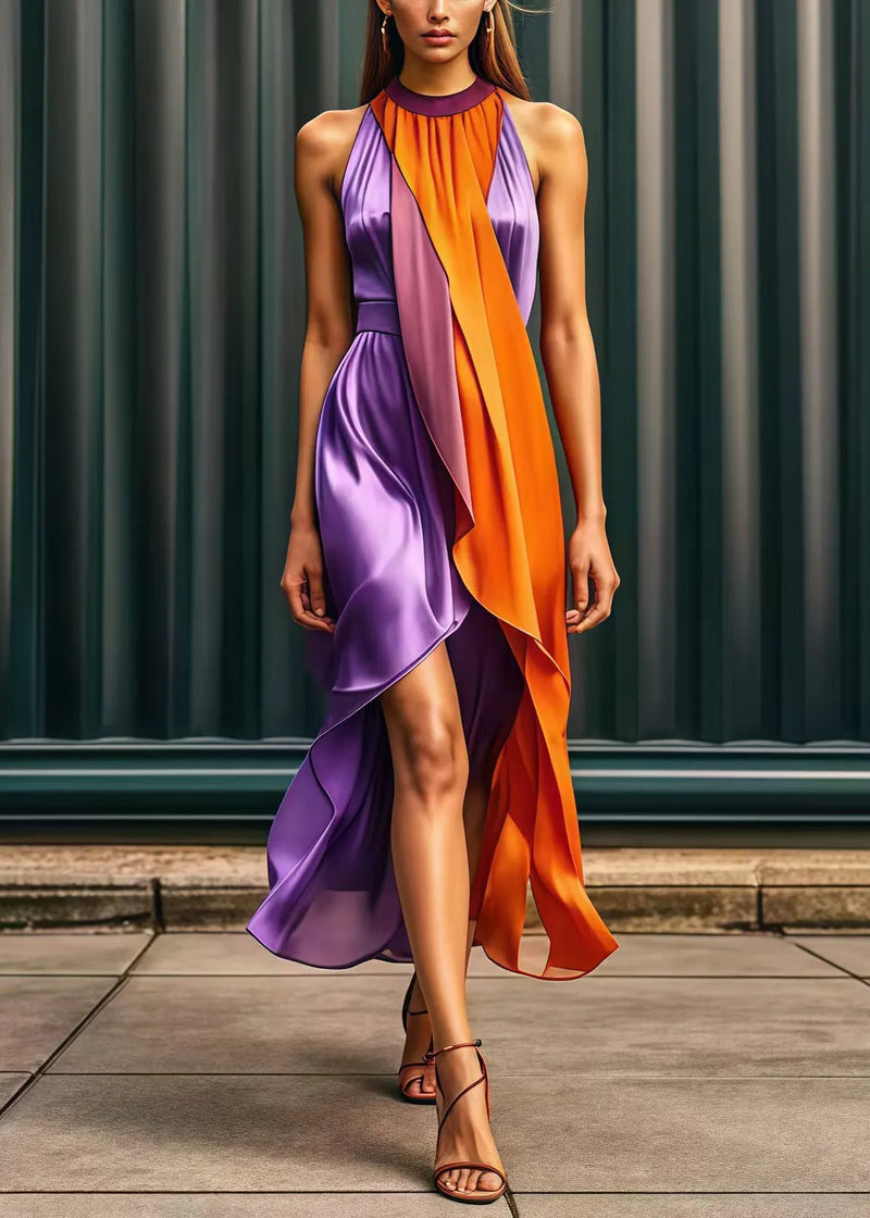 Purple Asymmetrical Patchwork Silk Holiday Dress Summer