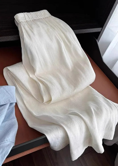 Organic White Elastic Waist Draping Linen Straight Pants Spring