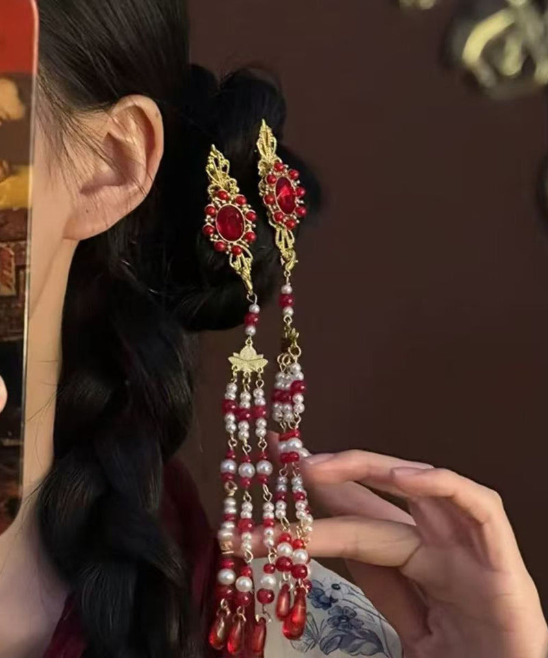 Multicolor Sterling Silver Overgild Gem Stone Tassel a Pair Hairpin