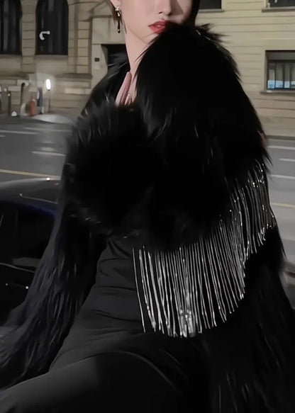 Black V Neck Tassel Patchwork Coats Winter