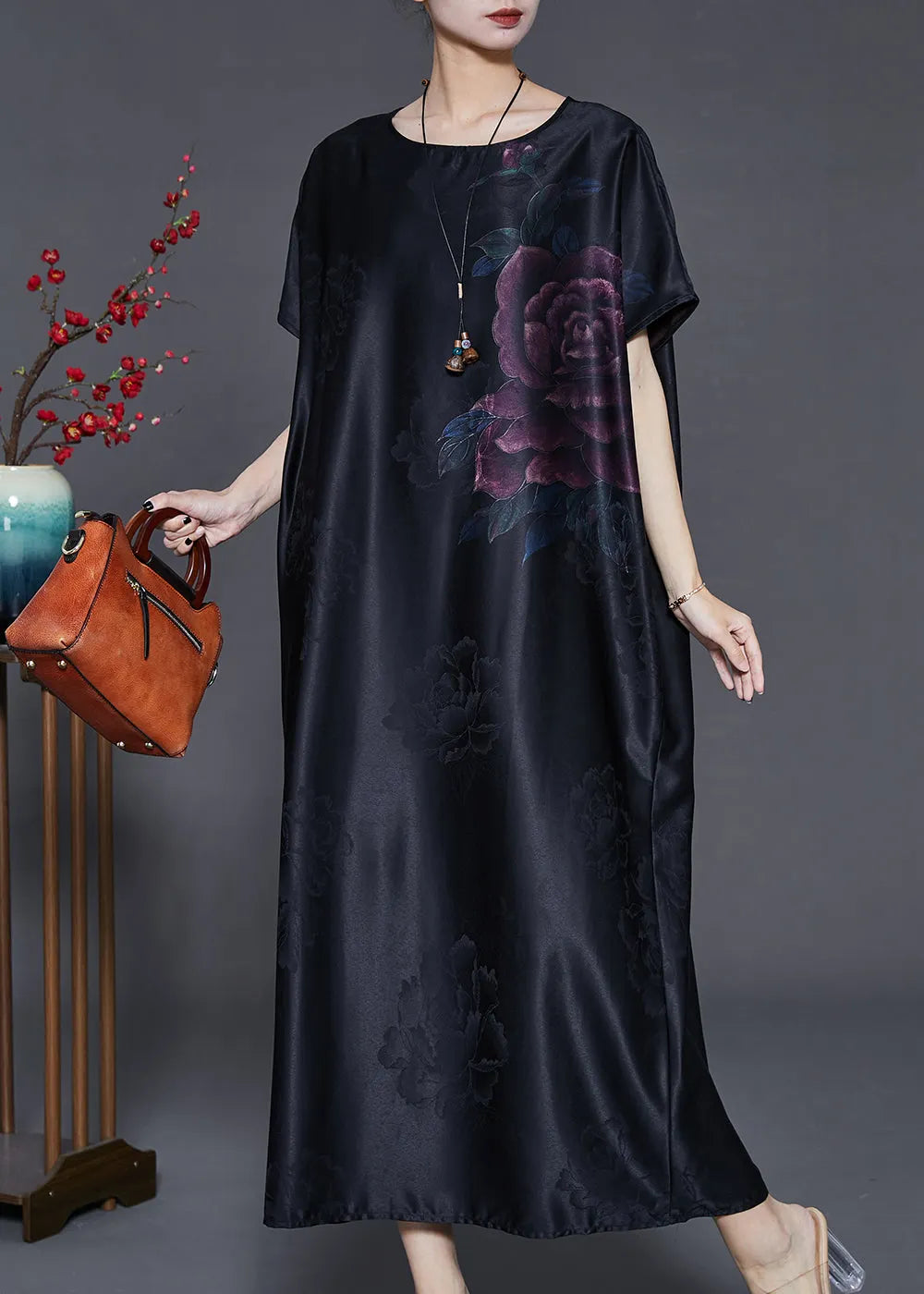 Black Oversized Jacquard Silk Long Dress Summer