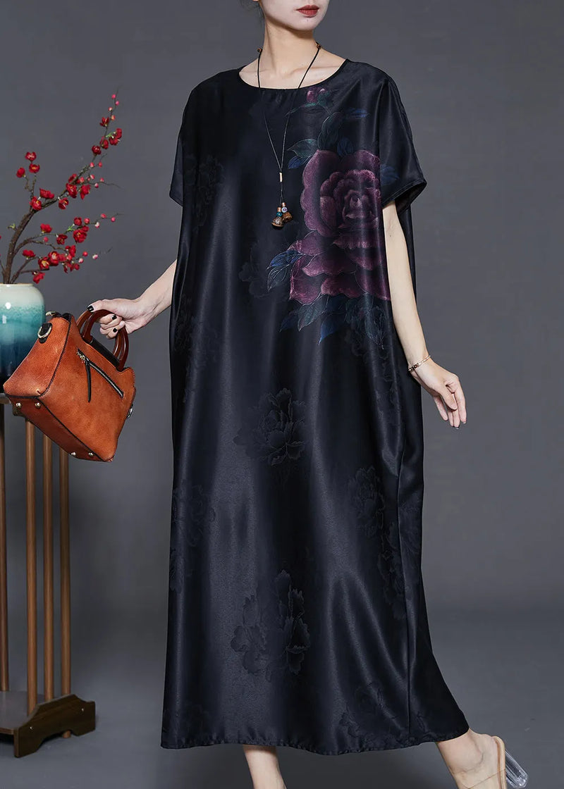 Black Oversized Jacquard Silk Long Dress Summer