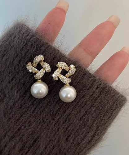 Gold Sterling Silver Overgild Zircon Pearl Square Drop Earrings
