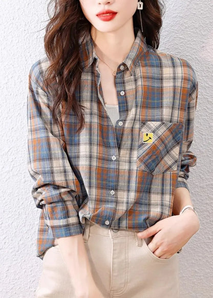 Peter Pan Collar Plaid Cotton Shirts Top Spring