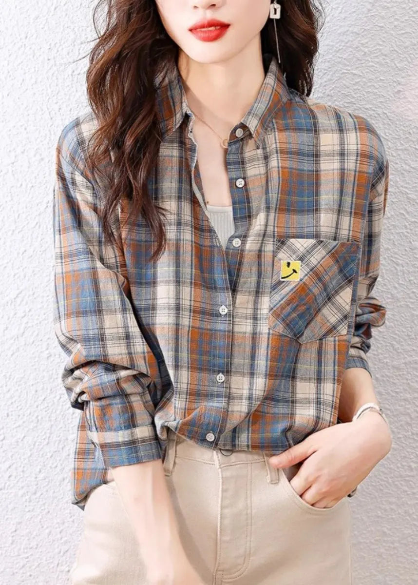 Peter Pan Collar Plaid Cotton Shirts Top Spring