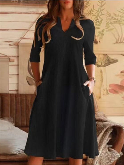New V-neck Color Cotton Linen Pocket Mid-sleeve Dress