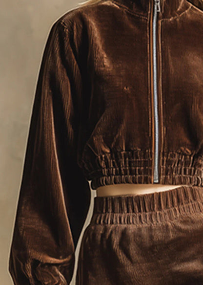 Boutique Chocolate Zip Up Tops and Skirts Cotton Two Pieces Set Fall