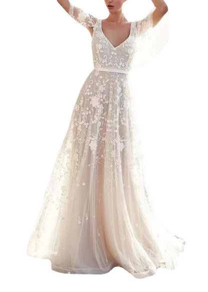 Stylish White V Neck Backless Lace Dresses Summer