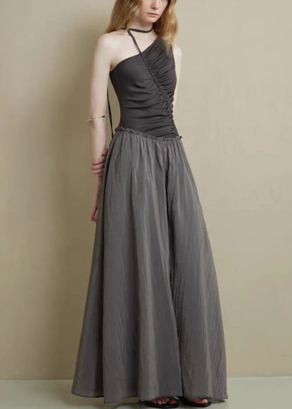Fine Black Asymmetrical Ruffled Knitting Cotton Patchwork Long Dress Sleeveless